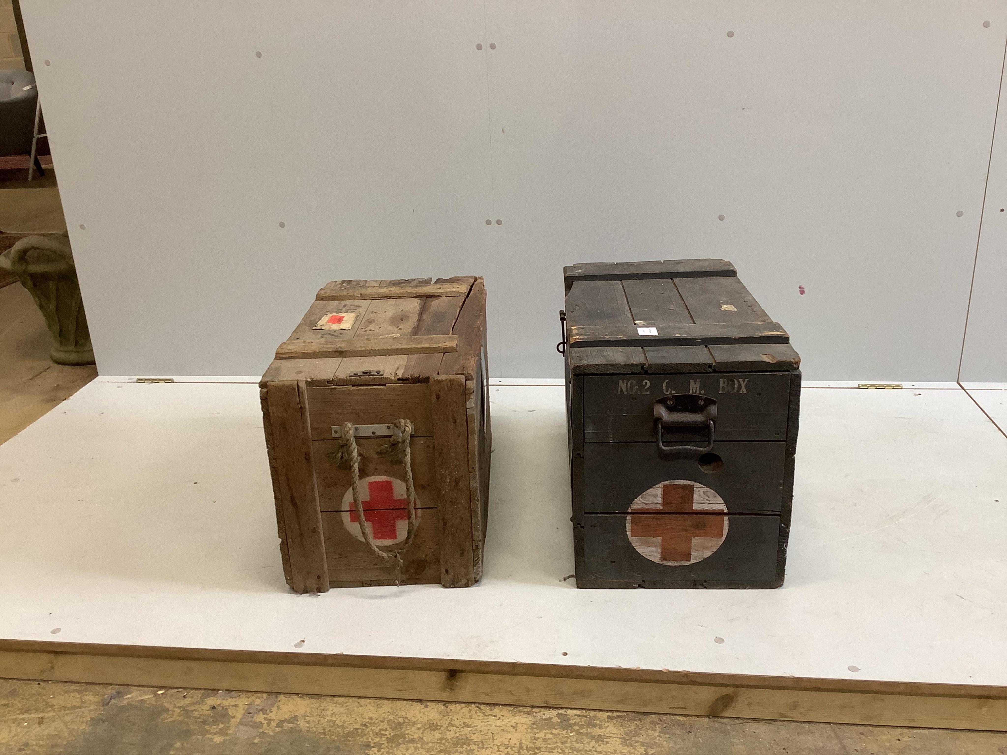 Two vintage Red Cross boxes, width 66cm, depth 38cm, height 44cm. Condition - poor